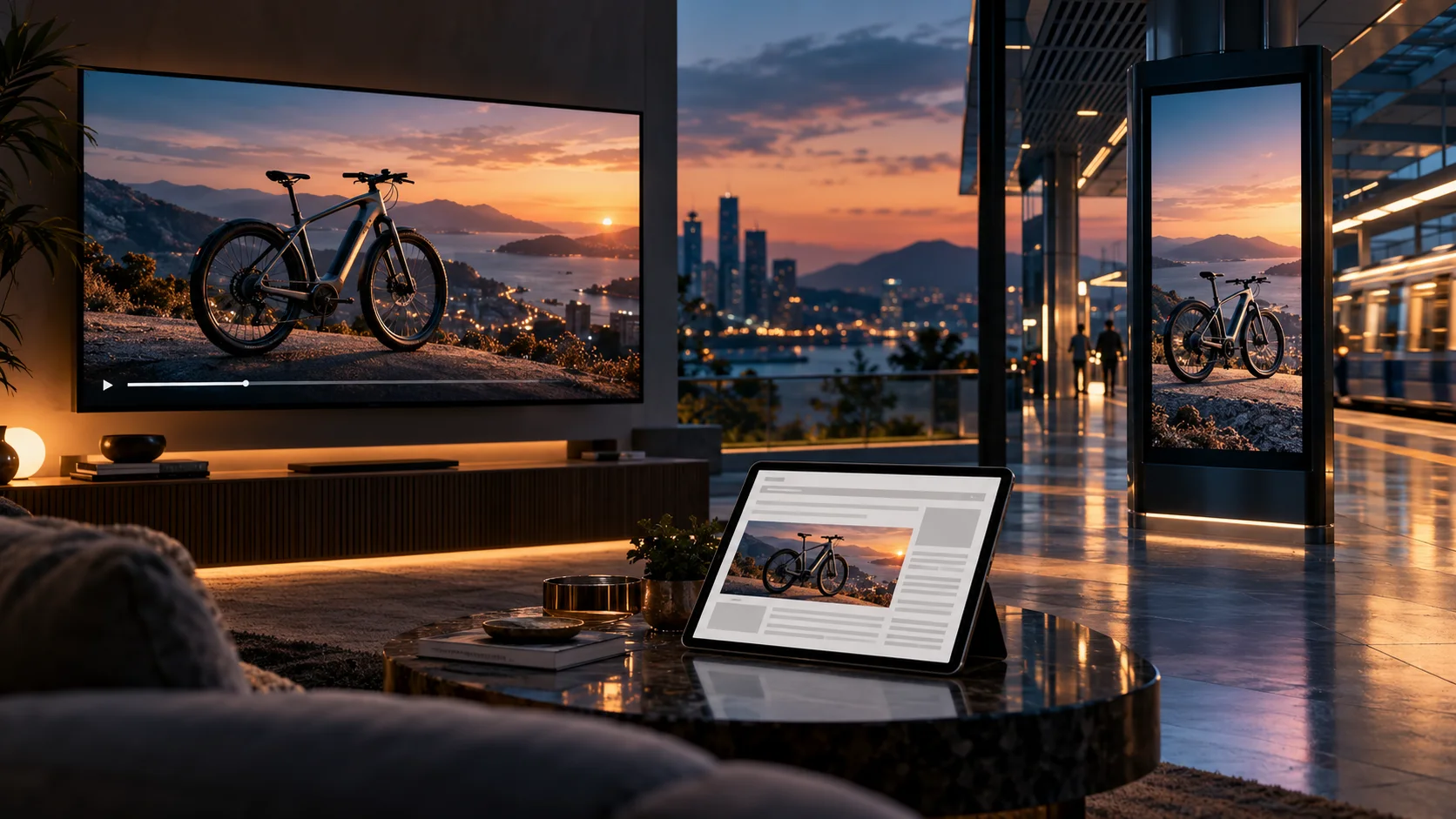 Illustrative cycling campaign appearing in a connected TV video break, publisher article and digital venue screen
