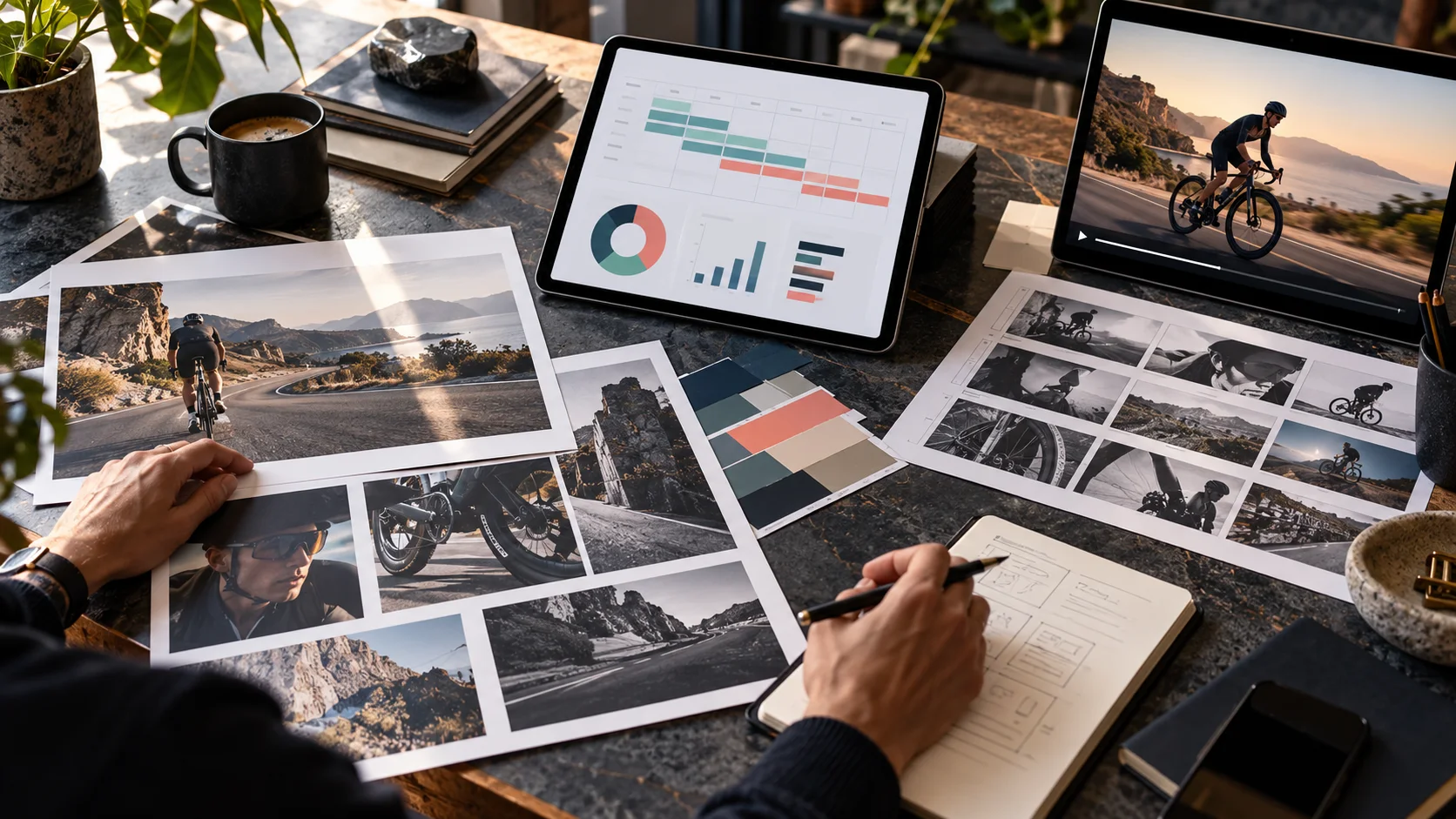 Campaign creative proofs, media planning grid and illustrative video frame being reviewed together