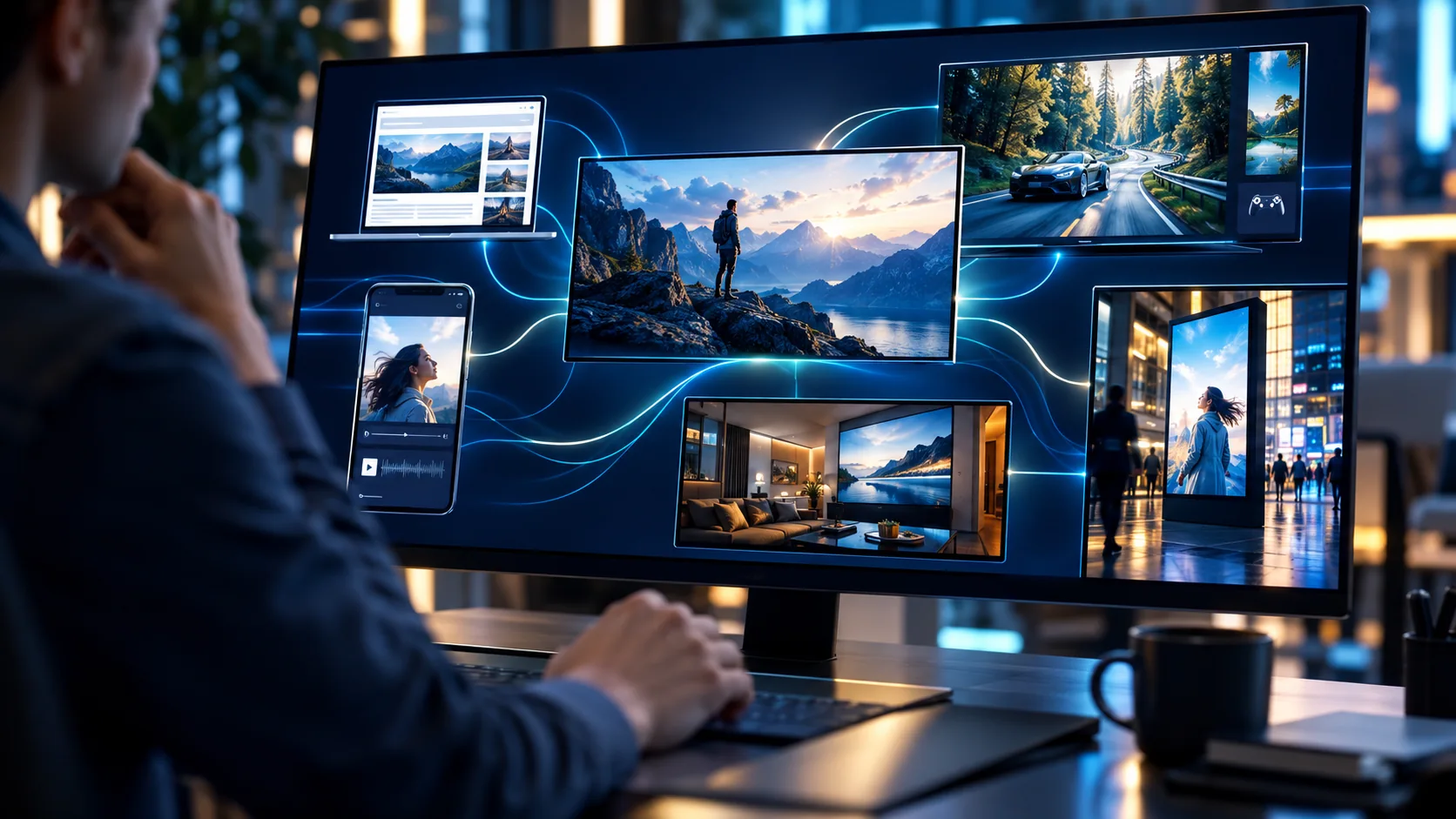 An analyst beside a monitor showing illustrative website, game, television, audio and venue-screen contexts.