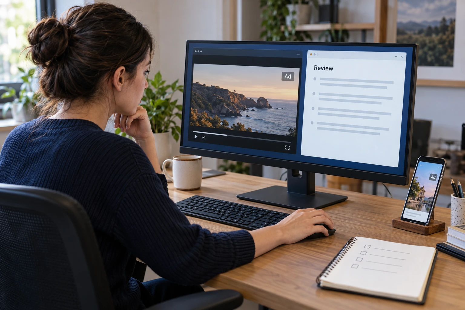 An operator reviewing ad playback, issue notes and a phone app at a modest advertising workspace.
