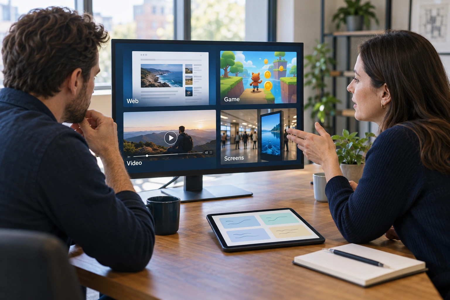 Two colleagues reviewing separate web, game, video and screen-network examples during a media portfolio discussion.