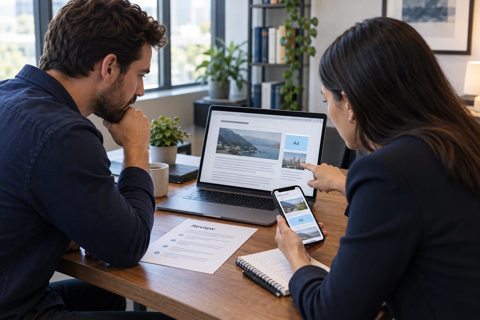 A media owner and revenue specialist reviewing a website ad placement, a mobile ad placement and printed notes at an office desk.