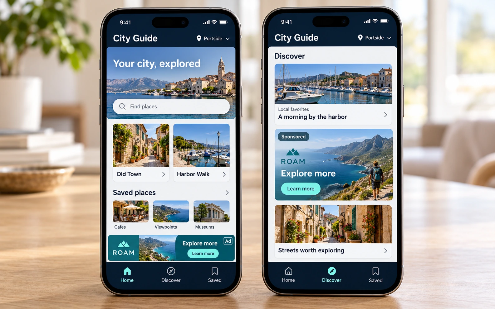 Two mobile city-guide app screens: a compact banner marked Ad above bottom navigation on the left, and a Sponsored native card in the discovery feed on the right.