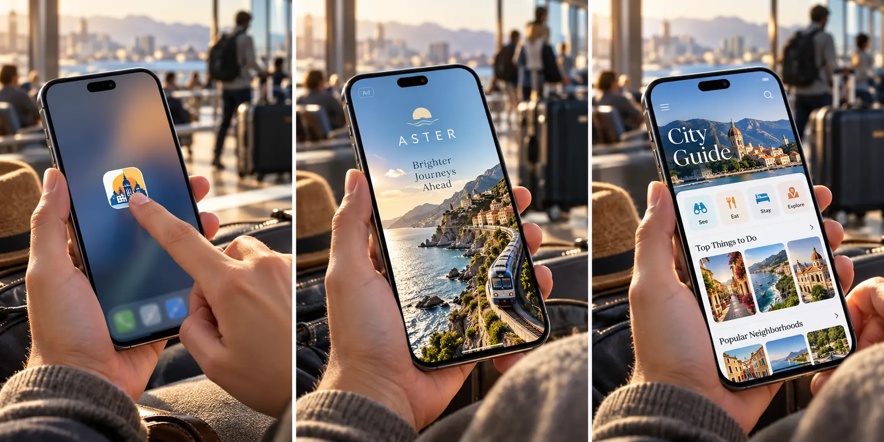 Three phone views showing an app icon being opened, an app-open advertisement, and the city-guide app home screen.
