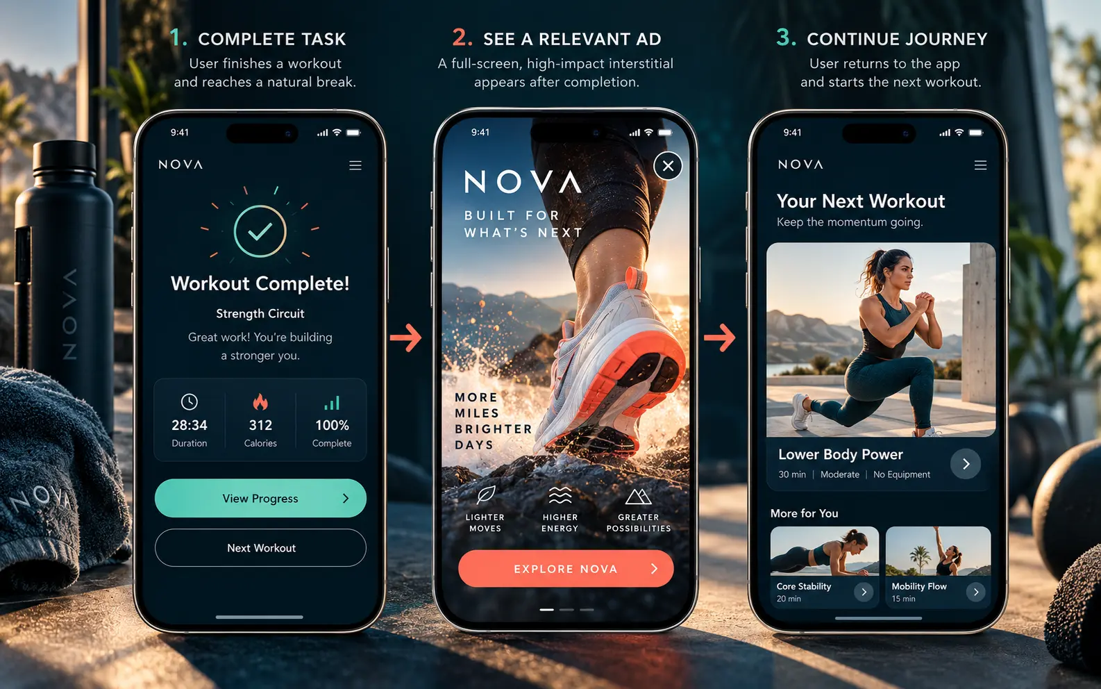 Three phone screens showing a completed workout, a full-screen advertisement with a close control, and the next workout.