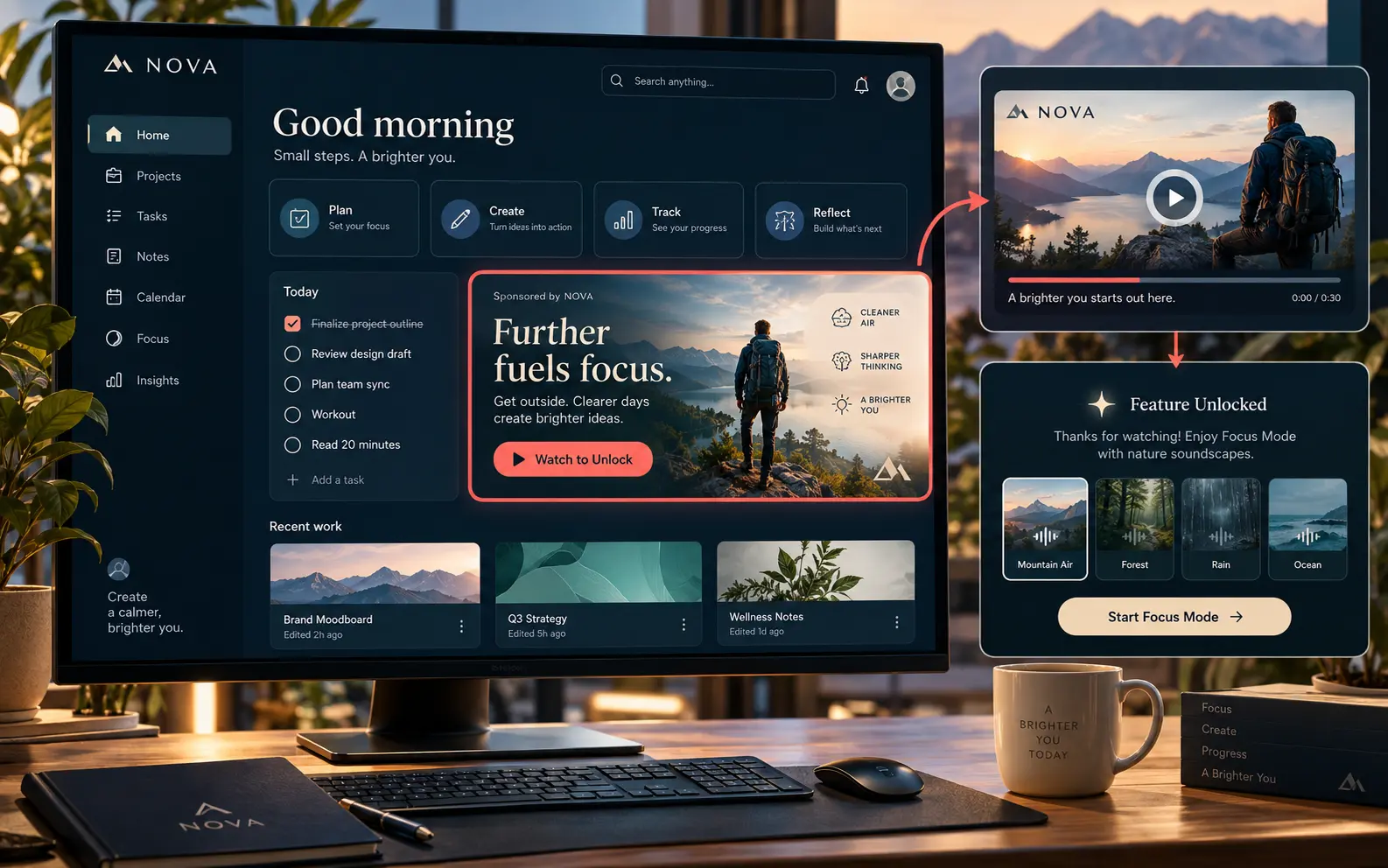 Desktop productivity software with a Sponsored panel and an optional Watch to Unlock action, plus video and feature-unlocked views.