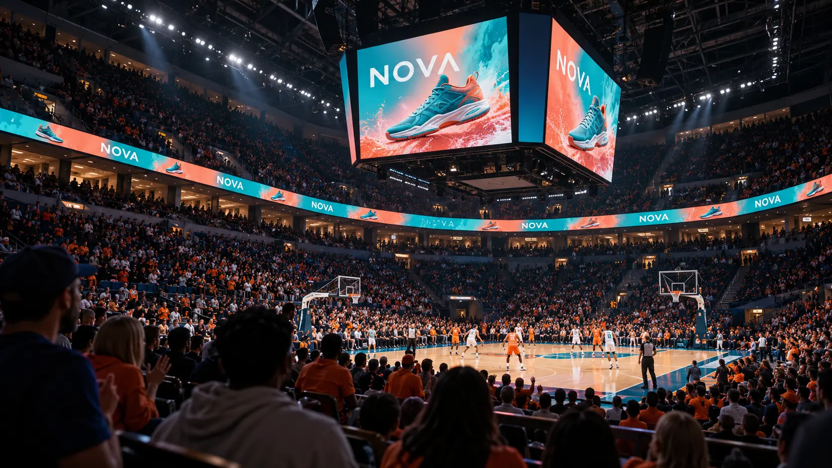A basketball arena with a fictional NOVA shoe creative on the overhead screens and surrounding ribbon board.