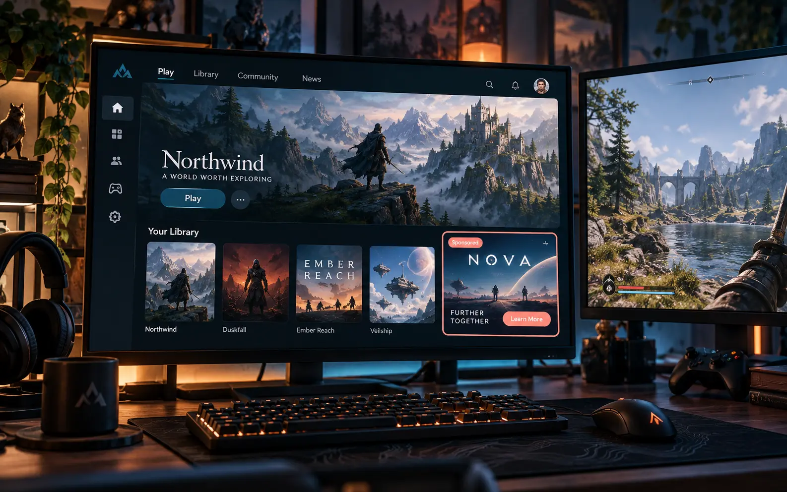 A desktop game launcher with a Sponsored tile beside a separate screen showing fantasy gameplay.