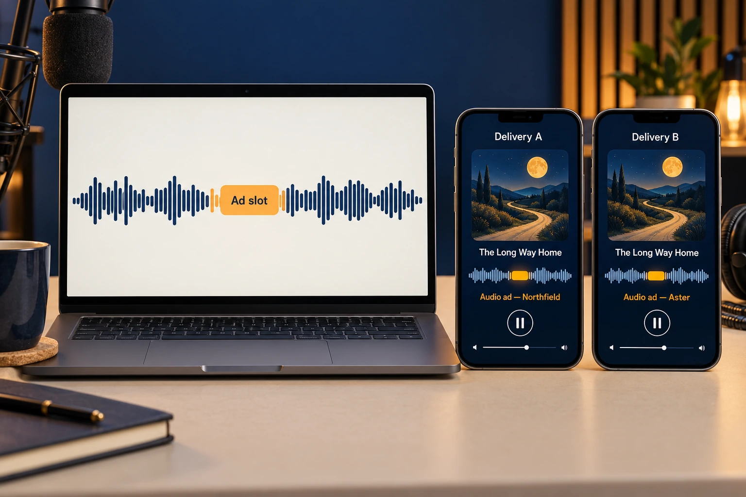 A podcast editor with one marked ad slot and two fictional deliveries of the same episode containing different audio creatives.