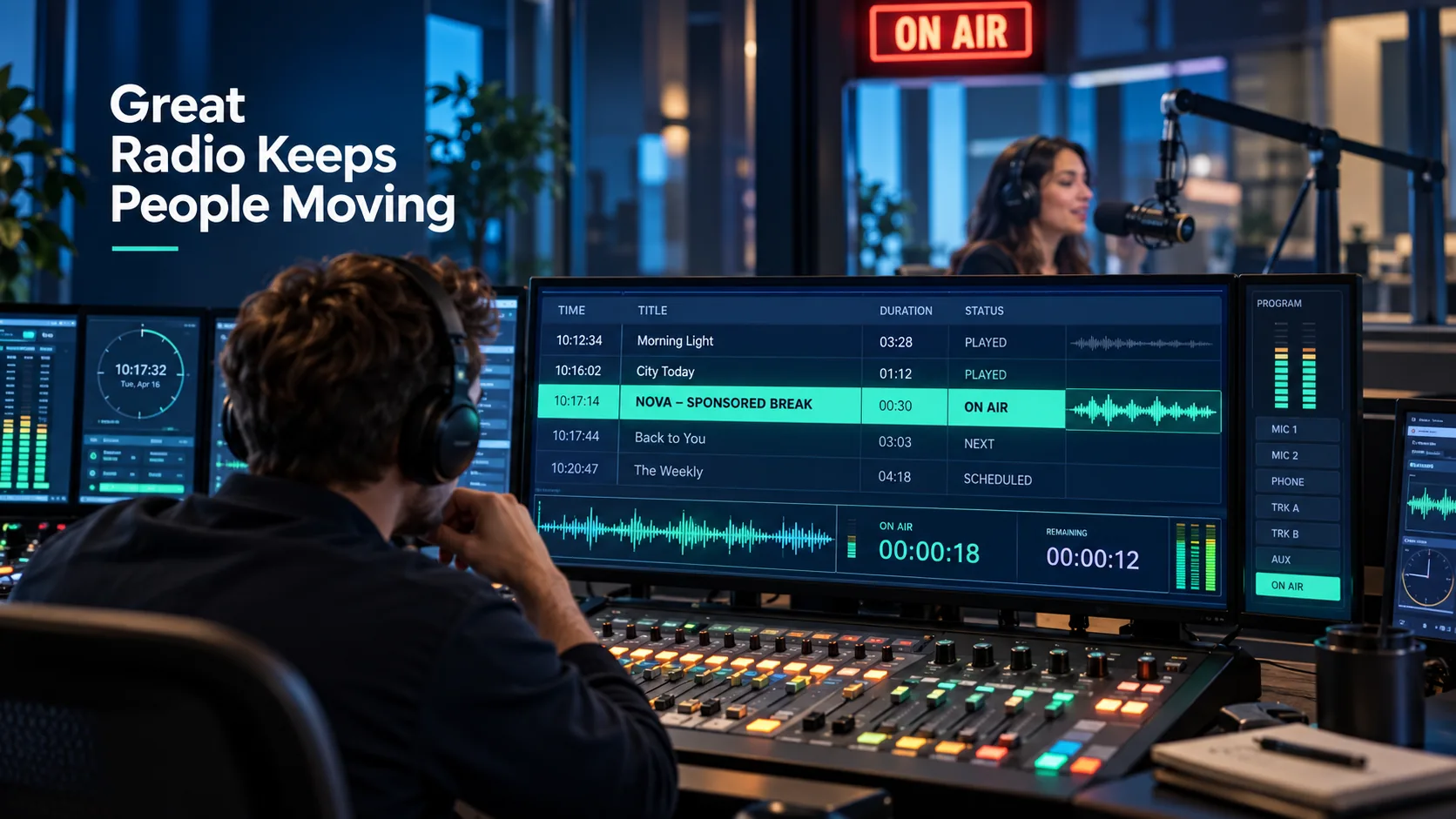 An on-air radio studio and station playout log highlighting a scheduled fictional 30-second sponsored spot.