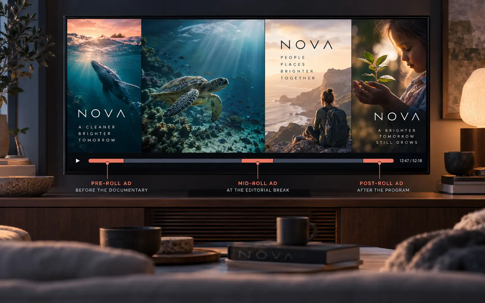 An illustrative television programme timeline marking pre-roll, mid-roll and post-roll as separate ad positions.