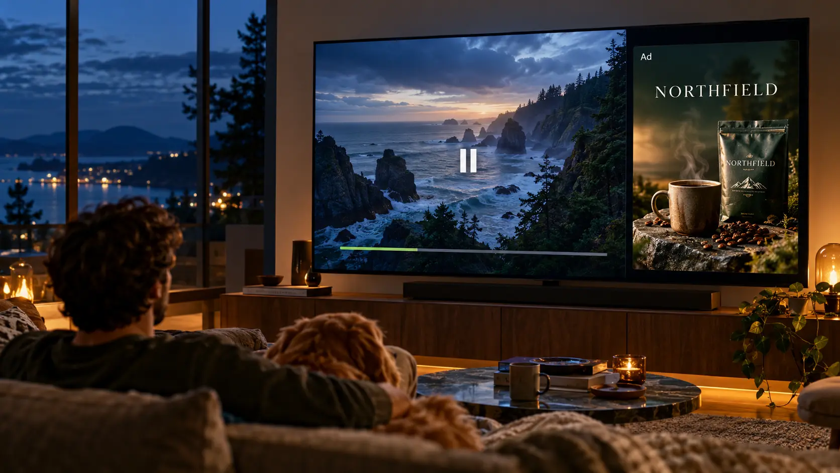 A television player with a paused coastal programme beside a coffee advertisement marked Ad.