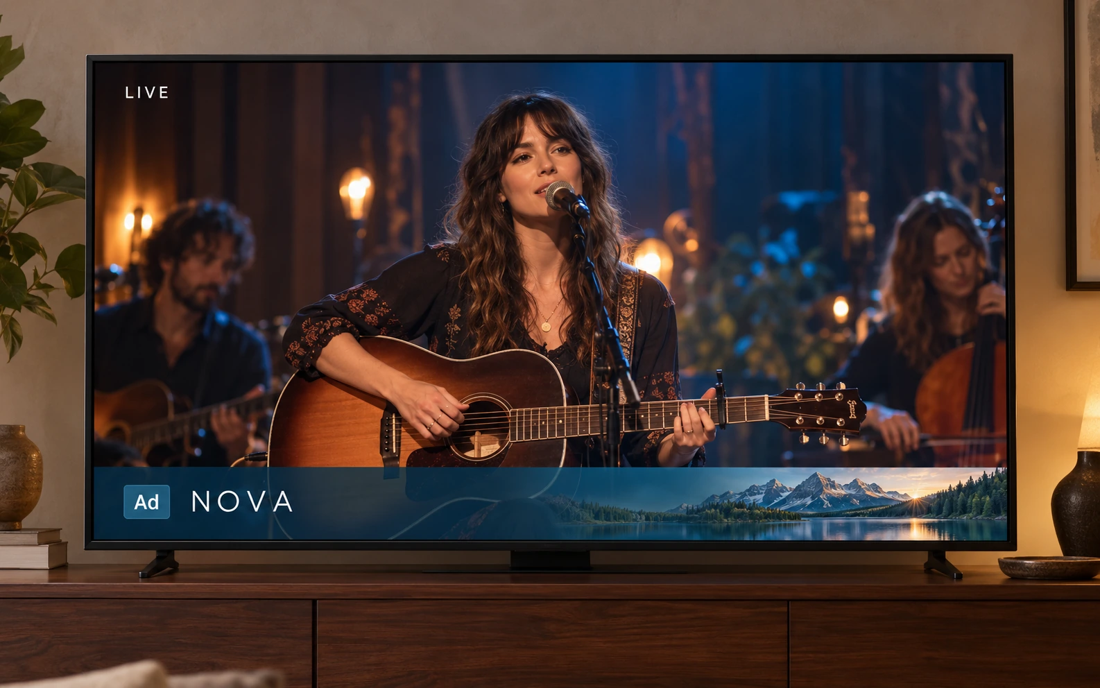 A playing live concert on television with a slim lower-third advertisement marked Ad across the bottom of the programme image.