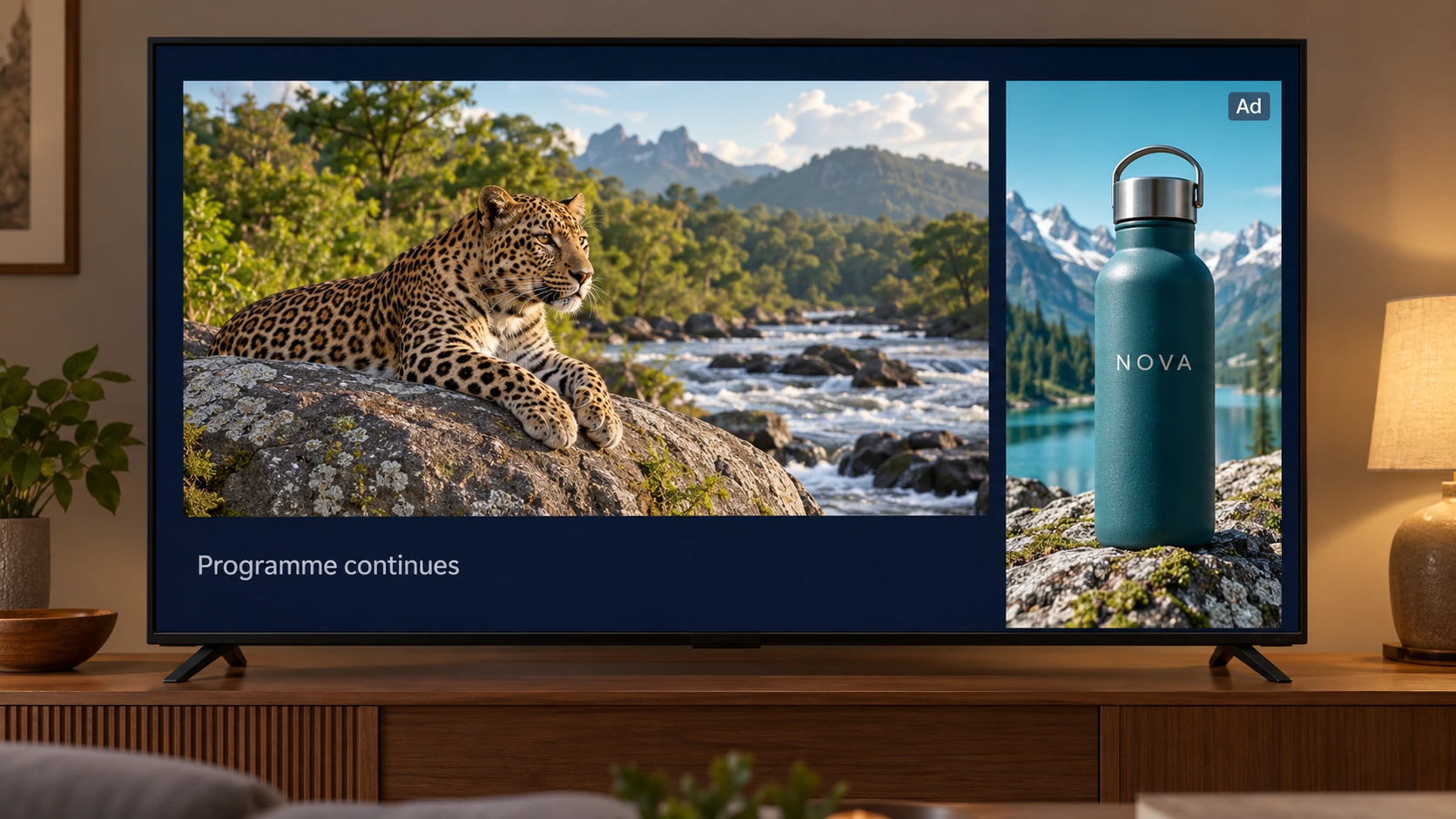 A television with a complete smaller nature-programme pane in the upper left and a separate ad rail marked Ad on the right.