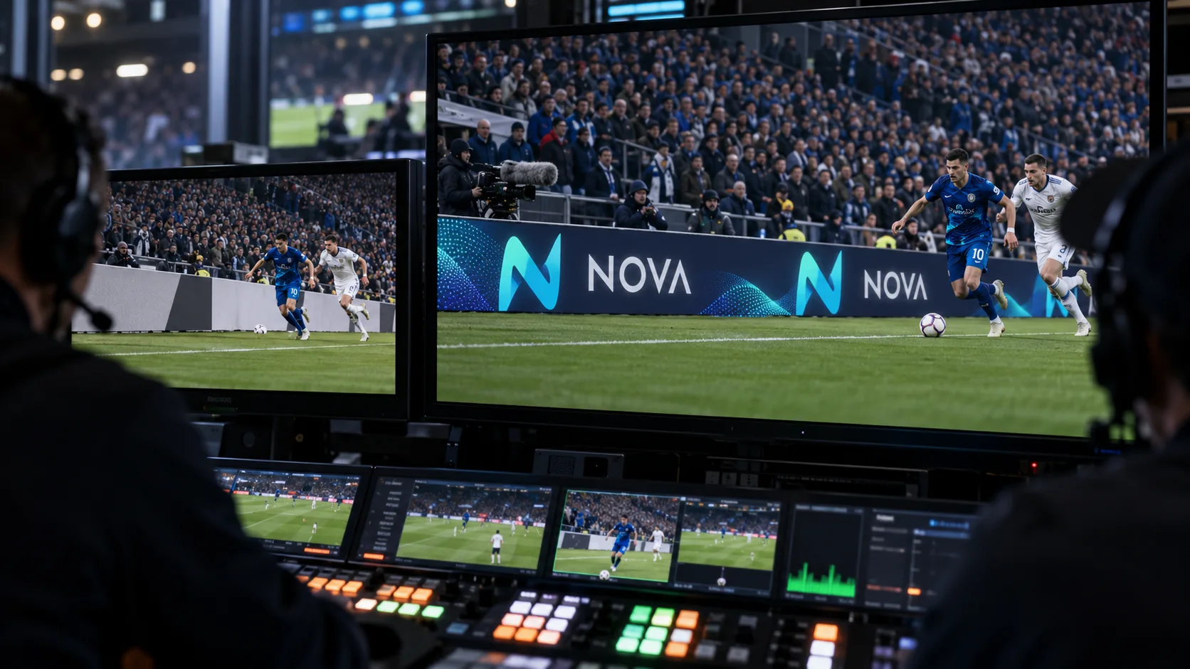 Two production monitors showing the same football moment, with neutral pitchside boards in one feed and branded virtual boards in the other.