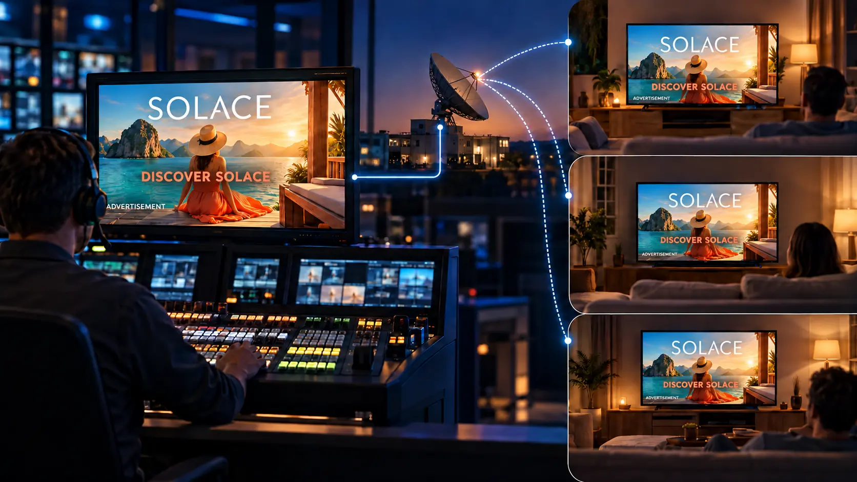 A channel control room distributing the same fictional advertisement to televisions receiving a common satellite feed.