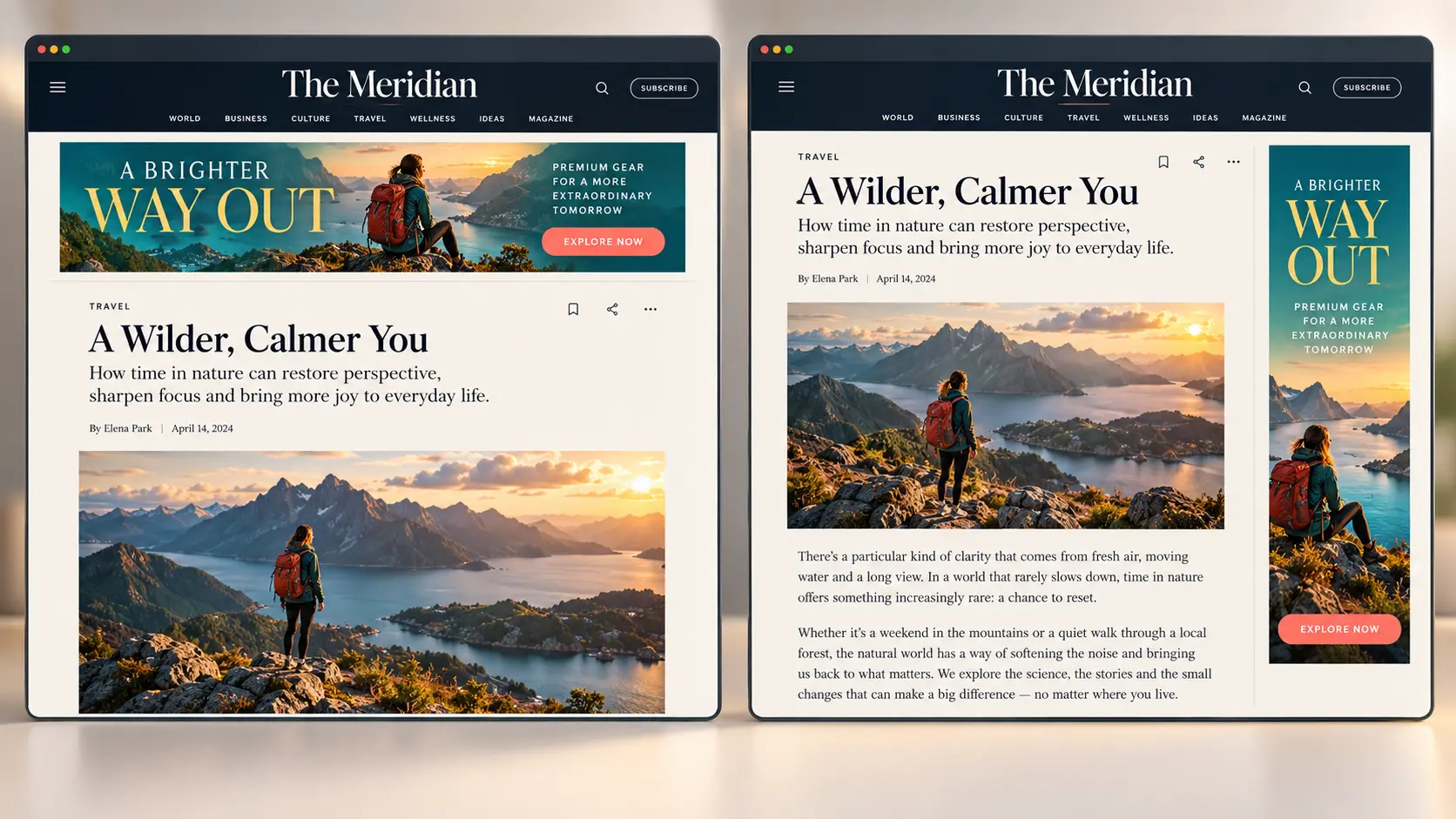Side-by-side article layouts with a wide top leaderboard ad on the left and a vertical sidebar ad on the right.