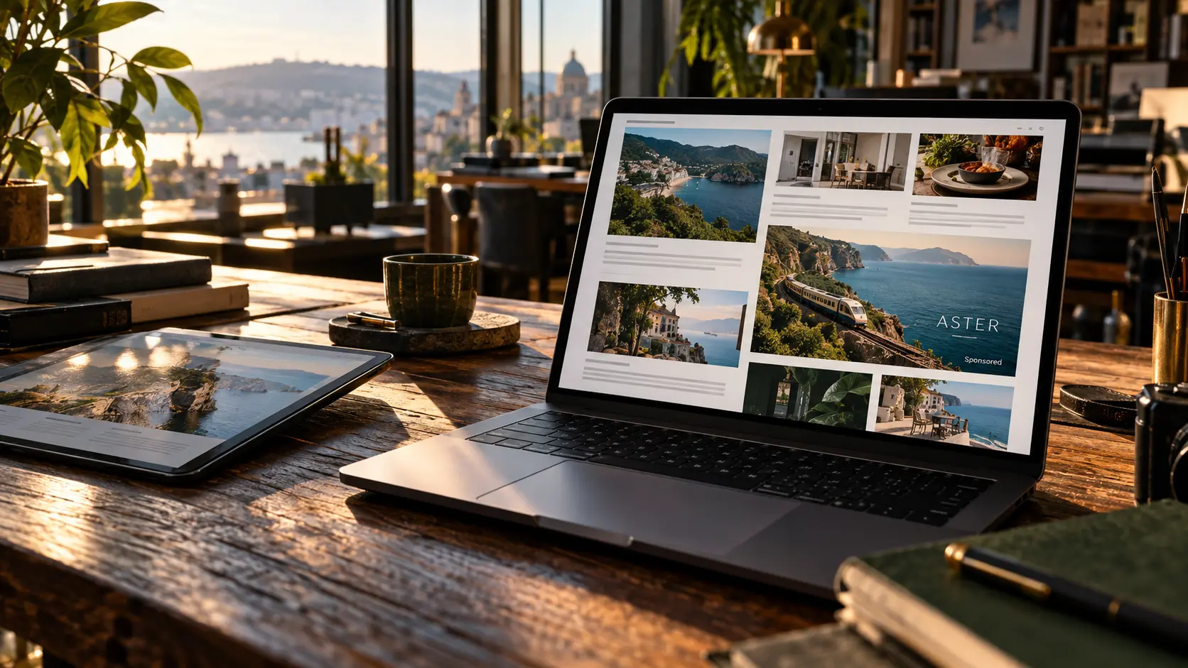 A laptop content feed containing an outdoor-travel native card marked Sponsored among editorial cards.