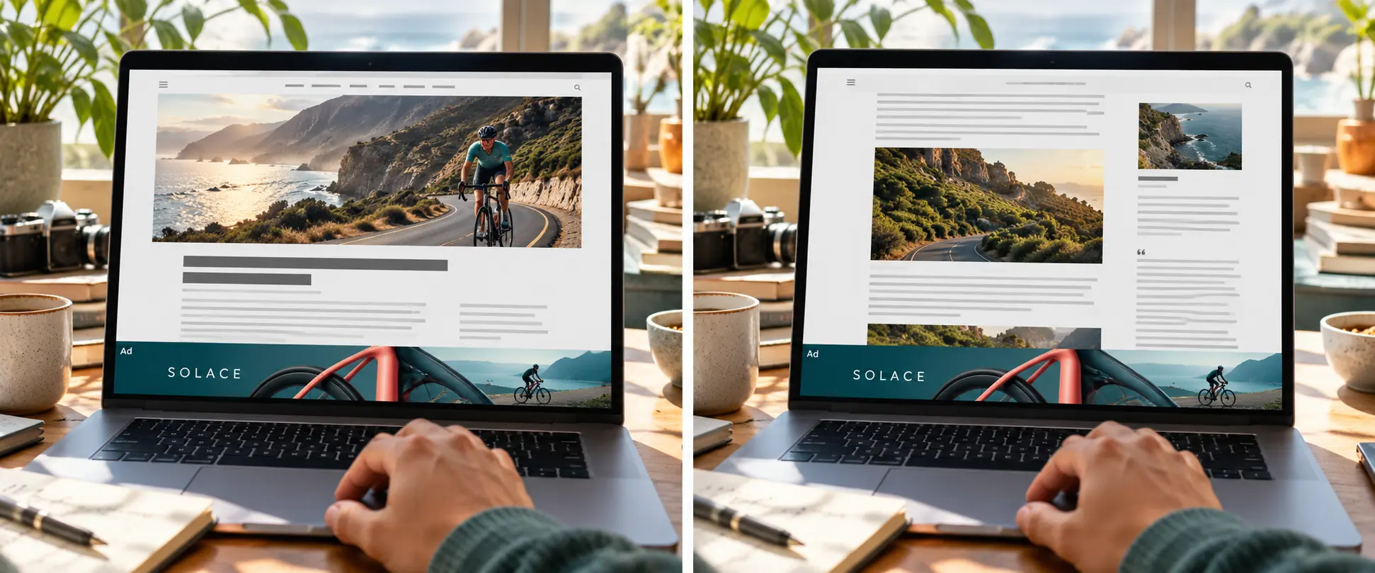 Two views of a scrolling article with the same bottom-edge banner marked Ad staying in place.
