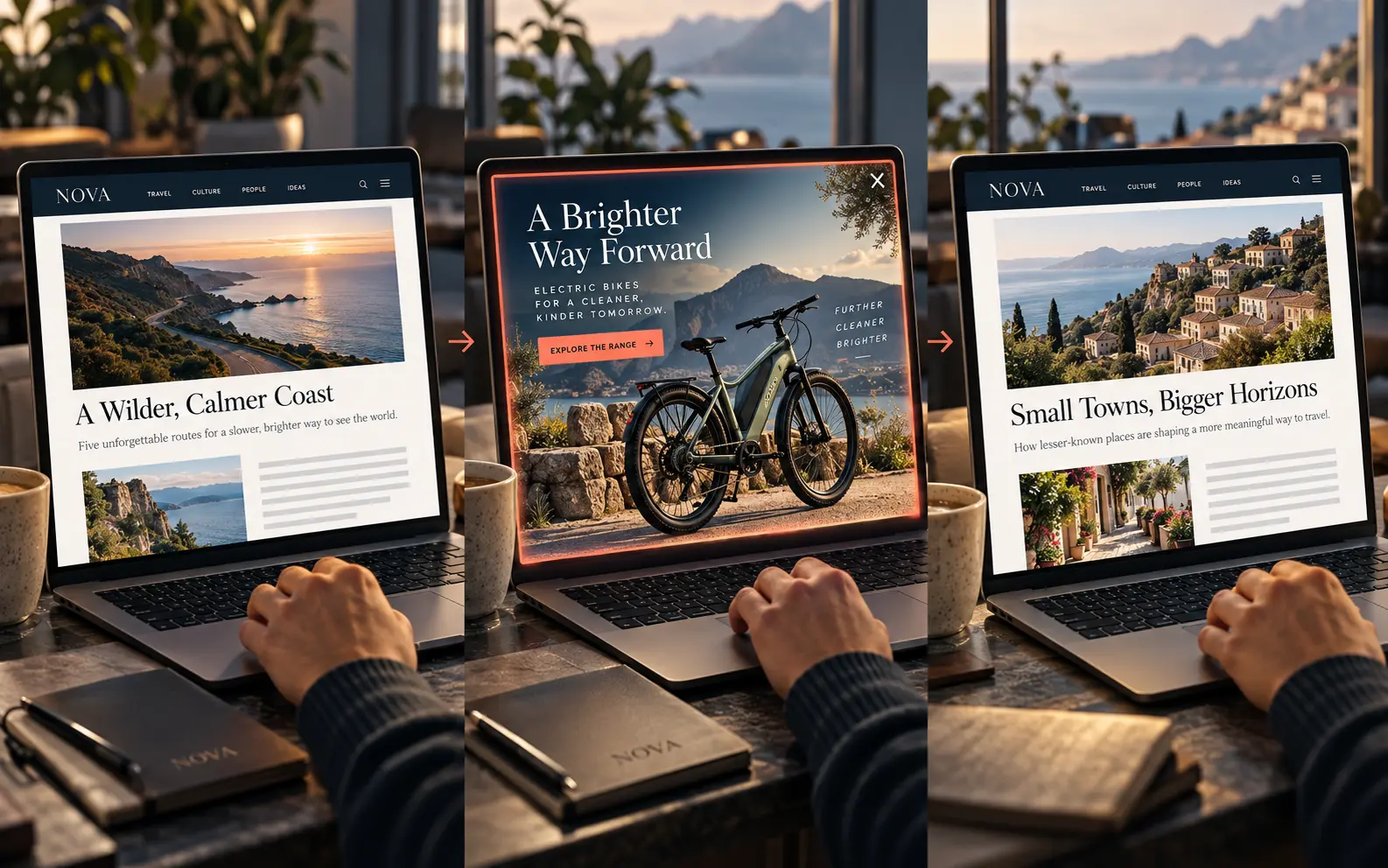 Three article views showing a page transition, a full-page bicycle advertisement with a close control, and the next article.
