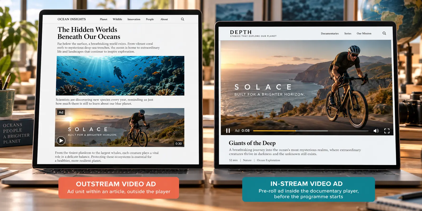 Comparison of a standalone video ad inside an article on the left and a pre-roll ad inside a documentary player on the right.